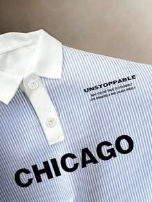 Manfinity Joysei 男士休闲条纹字母 Polo 衫，适合上学和外出穿着 - 淺藍色 - 查看 3