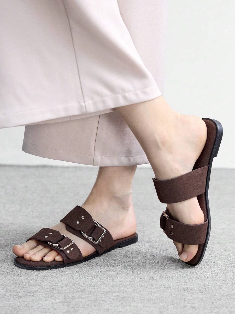 CUCCOO BIZCHIC Women's Buckle-Trimmed Casual Flat Sandals For Everyday Wear - Coffee - View 1