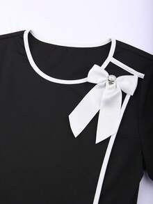 Elenzga Women's Round Neck Bow Tie Button Down Dress - Black - View 3