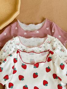 SHEIN LMoss Kids 女婴可爱卡通熊和花卉印花荷叶边圆领短袖上衣和裤子六件套休闲舒适针织睡衣套装 - 彩色 - 查看 6