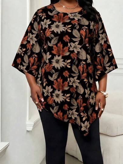 SHEIN Lady Plus Size Floral Print Round Neck Short Sleeve Shirt