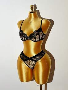 2pcs Leopard Print Sexy Lace Patchwork Lingerie Set, Includes Sexy Bra And Thong Panty - Multicolor - View 8