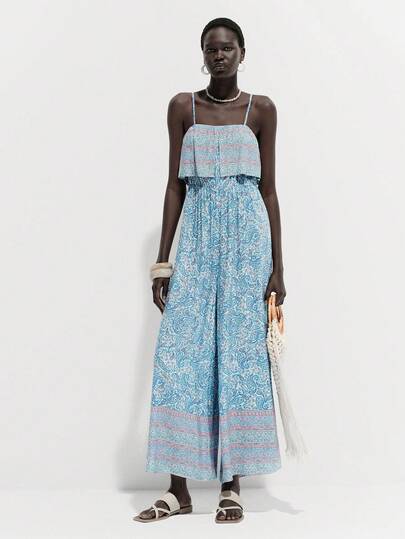 Lumivelle Paisley Floral Print Multi-Color Combination 2 In 1 Spaghetti Strap Backless Waist Cinched Vacation Holiday Casual Sexy Retro Romantic Minimalist Commuter Vacation Extra Long Jumpsuit For Women, Spring/Summer