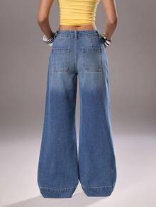 TRNVIE Jeans amples et décontractés à taille haute et jambes évasées avec poches pour femmes - Bleu azur - Voir 2