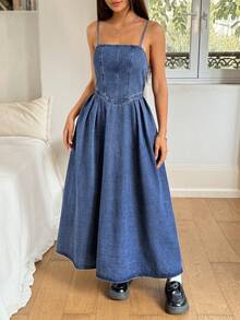Rivivi 夏季女士休闲收腰牛仔吊带连衣裙 - 藍色 - 查看 3