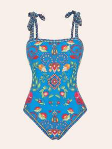 Swim Oasis 两件套：定位印花吊带上衣+定位印花半裙，夏季畅销款 - 寶藍色 - 查看 4