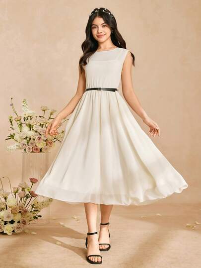 White Chiffon Dress, Elegant Long Dress With Belt, Suitable For Girls , Beautiful Outfit For Party And Formal Occasions