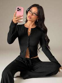 SHEIN PETITE Women Luxurious Ribbed Knit Co-Ord Set Long Sleeve Button Up Cardigan With Wide Leg Palazzo Pants Fall Winter Loungewear - Black - View 7