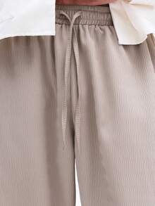 SUMWON Men Relaxed Drawstring Ribbed Textured Pull On Wide Leg Casual Pants With Side Pockets Elastic Waist Lounge - Khaki - View 7