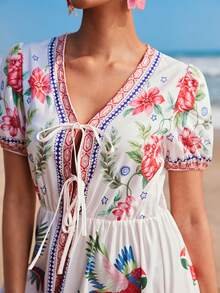 Travachic Tropical Print Tie Front Beach Dress - Multicolor - View 6