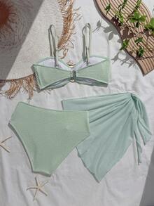 Sparklyn 2026春夏新款时尚柔软舒适面料夏季度假旅行必备儿童夏季套装，女童三件套绿色比基尼，配有可调节肩带、舒适弹力短裤和围裙，适合海滩、游泳池等场合。 - 綠色 - 查看 2