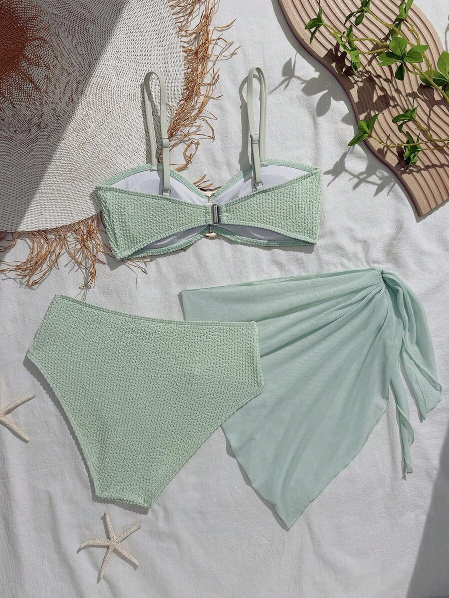 Sparklyn 2026 SS New Fashion Soft Squishy Fabric Summer Vacation Travel Essential Kids Summer Outfit, Girls 3 PiecesGreen Bikini Set With Adjustable Straps, Comfortable Elastic Shorts And Apron, Suitable For Beach, Swimming Pool - Green - View 1