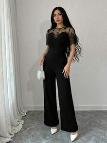 SHEIN Clasi Women's Round Neck Lace Patchwork Elegant Casual Jumpsuit - Black - View 4