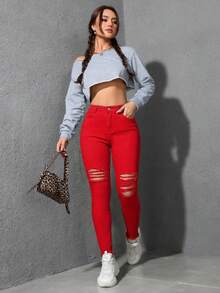 Flexra Casual Solid Color Distressed Slim Fit Denim Jeans - Red - View 3