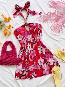 Soleia Nouvelle robe mini évasée en métal ajouré, style bohème, romantique à fleurs, pour les vacances - Multicolore - Voir 1