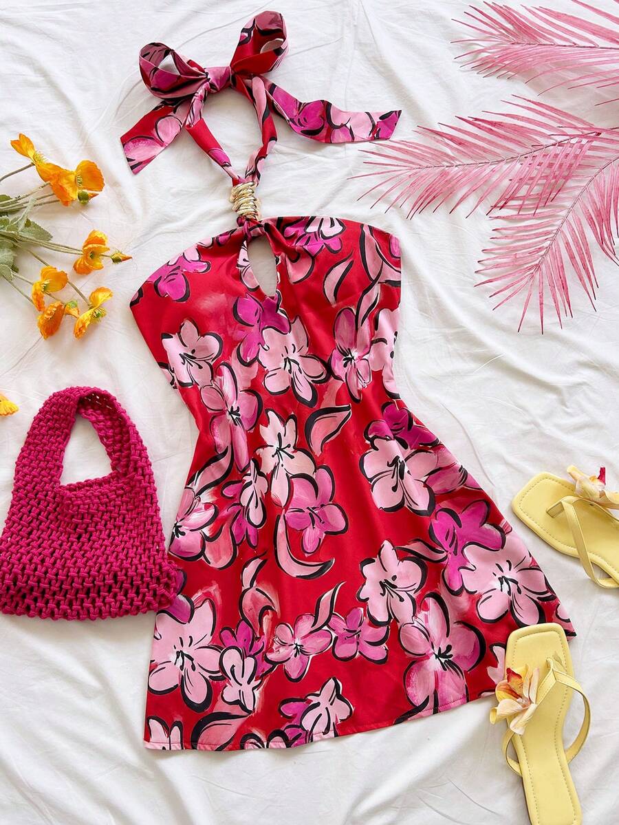 Soleia Nouvelle robe mini évasée en métal ajouré, style bohème, romantique à fleurs, pour les vacances - Multicolore - Voir 1