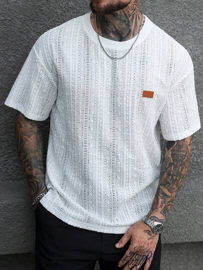 Manfinity CasualCool Men's Casual Round Neck Short Sleeve T-Shirt For Summer Daily Wear,Men Old Money,Daily Leisure, Weekend Trips, Outdoor Activities, Travel Expeditions, Relaxed Work Environments Or Semi-Formal Occasions, Boyfriend/Husband Gift, Anniversary /Birthday Gift Party Summer Vacation Holiday,Wedding,Spring To Summer,Easter,Casual Men's Breathable White Knit Summer Short Sleeve Shirt With Drop Shoulder,Men Textured Shirt,Knit Tshirt Men,Men's Knit Shirts,White Knit Shirt,Men Shirts Streetwear