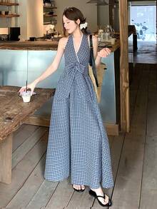 DAZY Đầm dài ngang gối thanh lịch dành cho nữ, phối ren, cổ yếm, thắt eo, thích hợp cho mùa hè, dự tiệc cưới, váy hè. - Màu xanh lam - Xem 6