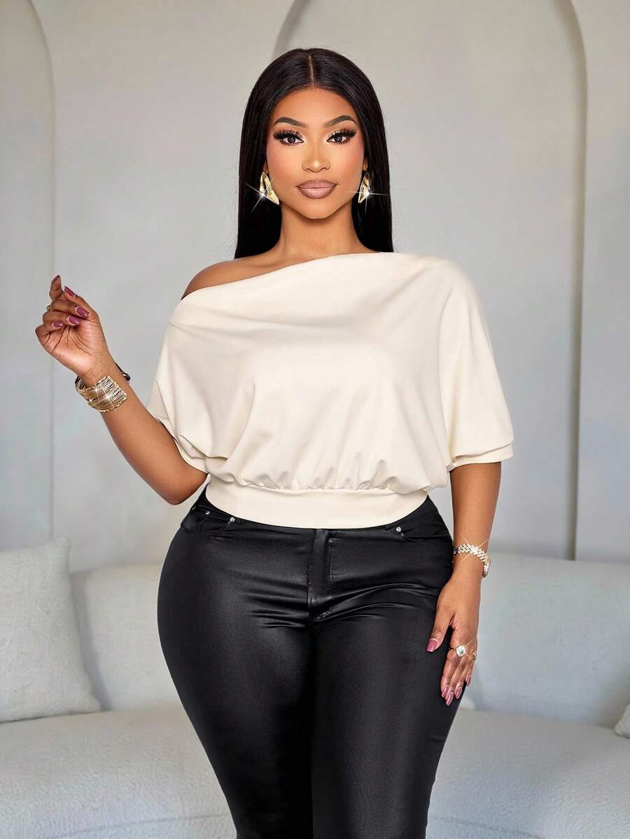 SOLERSUN Women's Solid Asymmetrical Neck Ruched Shoulder Tee - Apricot - View 1