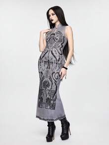 ROMWE Goth 暗黑学院风中国神话生物印花修身连衣裙 - 彩色 - 查看 5