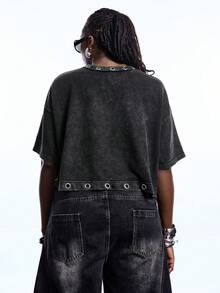 SHEIN EZwear Áo thun ngắn tay cỡ lớn chất liệu cotton đã qua xử lý, họa tiết bông tuyết, thích hợp cho mùa xuân. - màu đen - Xem 2