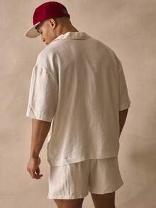 Musero Oversized Short Sleeve Deep V Neck Collared Drop Shoulder Thick Hem Linen Shirt Spring Summer Essentials Beachy Holiday - Apricot - View 4