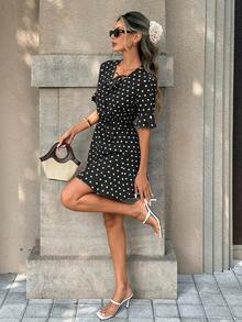 Pariaura 女士春夏法式优雅系带V领短袖荷叶边下摆波点迷你连衣裙 - 黑色 - 查看 5