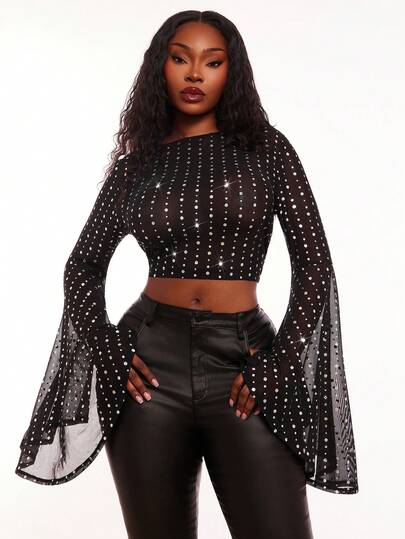 SHEIN SXY Plus Size Dam Glansig Mesh Rund Hals Utsvängd Ärm Transparent Beskuren Sexig Topp