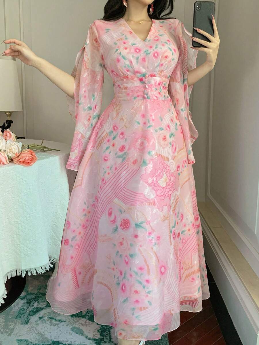 DAZY 春夏碎花褶裥连衣裙,优雅百搭,适合情人节、婚礼、派对、正式场合。时尚蝙蝠袖,荷叶边下摆,长袖设计,沙滩度假雪纺中长连衣裙,波西米亚风情。 - 粉色 - 查看 1