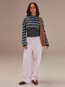 Athîral 女士休闲条纹落肩长袖开衫 - 棕色 - 查看 3