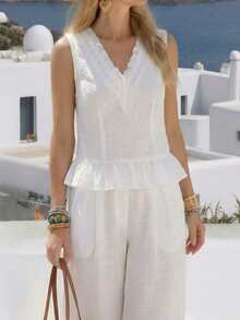 Breezaya Women's V-Neck White Ruffled Lace Textured Fabric Sleeveless Casual Vacation Top - White - View 3