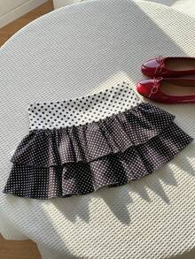 Comfortcana Women's Polka Dot Print Layered Ruffle Hem Fashionable Mini Skirt - Brown - View 1