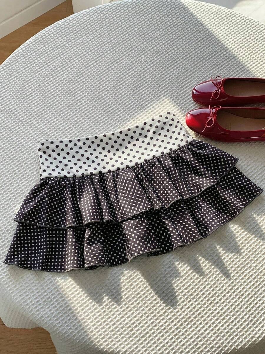 Comfortcana Women's Polka Dot Print Layered Ruffle Hem Fashionable Mini Skirt - Brown - View 1
