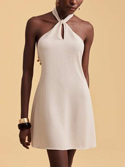 Travachic 2026 New Arrival Women's Elegant Halter Neck Shell Decor Backless Mini Dress, Vacation Style,  Spring Summer Outfits, Festival Dress, Elegant Party Dress, Beach Vacation Outfits, Wedding Guest Dress, Formal Graduation Outfits, Work Outfits For Women