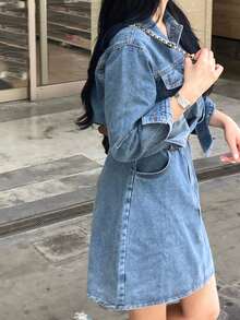 DAZY Đầm denim dài tay kiểu cổ điển, đầm ngắn dáng chữ A thắt eo dành cho nữ. - Rửa nhẹ - Xem 4