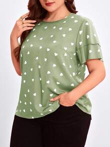 Reflora Plus Size Round Neck Short Sleeve Ruffle Hem Heart Print Loose Blouse, Summer - Mint Green - View 3