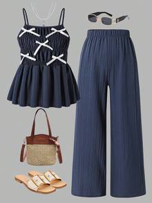 SHEIN Sparklyn Bộ trang phục mùa hè cho bé gái: Áo hai dây kẻ sọc thắt nơ và quần ống đứng. - Xanh đậm - Xem 3