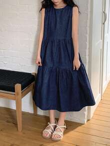 Dazy Kids Vestido vaquero sin mangas de cuello redondo para niñas preadolescentes - Azul lavado oscuro - Ver 8