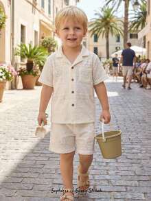 Cozy Pixies Bộ 2 món cho bé trai, màu trơn, kiểu dáng thường ngày, cổ polo, tay ngắn và quần short cạp chun. - Màu be - Xem 6