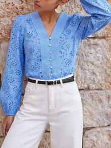 Maija 女士纯色镂空长袖衬衫 - 藍色 - 查看 1