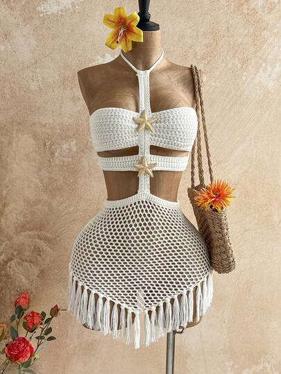 Soleia New Vacation Halter Tie Waist Hollow Starfish Tassel Hem Bodycon Mini Sweater Dress, Bohemian, Boho, Vacation, Vintage, Holiday, Beach, Cruise