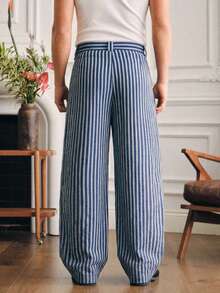 SWAVVY 男士休闲度假通勤撞色条纹印花褶裥宽松阔腿裤 - 彩色 - 查看 5