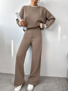 EURMUSE Women's Color Block Detailing Long Sleeve Sweater And Knitted Pants Set - Dusty Pink - View 2