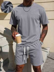 Manfinity Homme Men's Casual Suede Short Sleeve Set - Grey - View 5