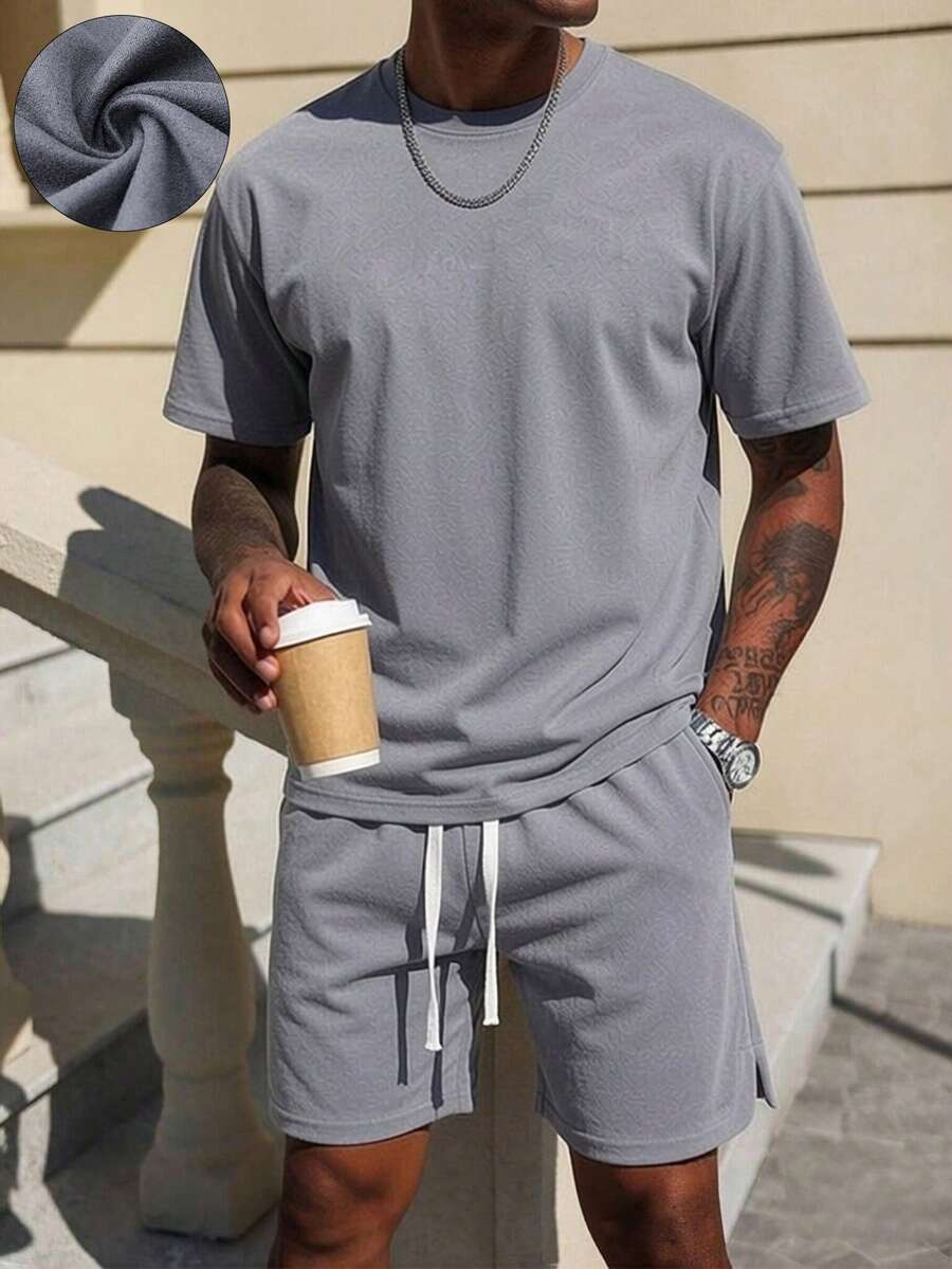 Manfinity Homme 男士休闲麂皮短袖套装 - 灰色 - 查看 1