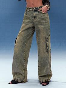 Normani Women's Casual Washed Cargo Jeans - Yellow - View 5