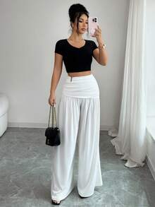 SHEIN Elenzya 白色高腰褶裥阔腿裤，垂坠宽松长裤，优雅正装/休闲装，显瘦 - 白色 - 查看 5