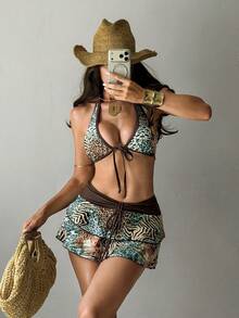Swim SXY Conjunto de traje de baño de 3 piezas para mujer Bonvoyette-D con parte superior de cuello halter, cordón y estampado aleatorio para primavera/verano - Multicolor - Ver 5