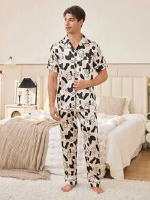 CoupledUp Cartoon Cow Animal Print Contrast Trim Poplin Short Sleeve Pajama Set With Lapel Collar For Men - Multicolor - View 3