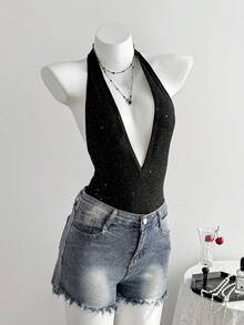 Elamini 黑色亮片针织面料深V领露背连体衣，适合春夏、派对、度假、休闲外出、街头、约会、复古时尚等场合，简约百搭，日常穿着也十分出彩。 - 黑色 - 查看 5